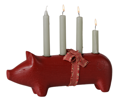 Maileg puinen possu-adventtikynttilänjalka, keskikoko – punainen